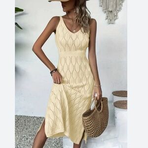 Knit Mix Halter Neck Knit Crochet Slit Sides Beachwear Cover UP MIDI Dress L